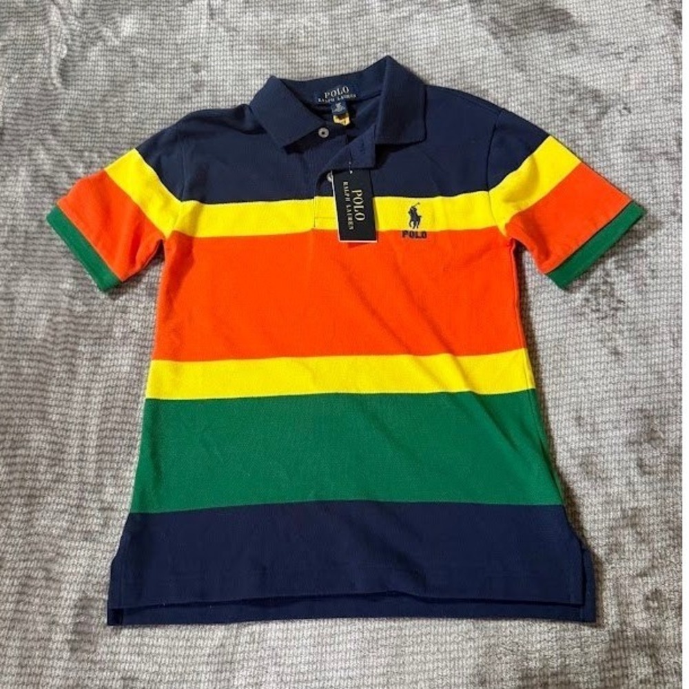 Polo Ralph Lauren Boys Multi Color Stripe Polo Shirt Navy Orange Green Size 8 S